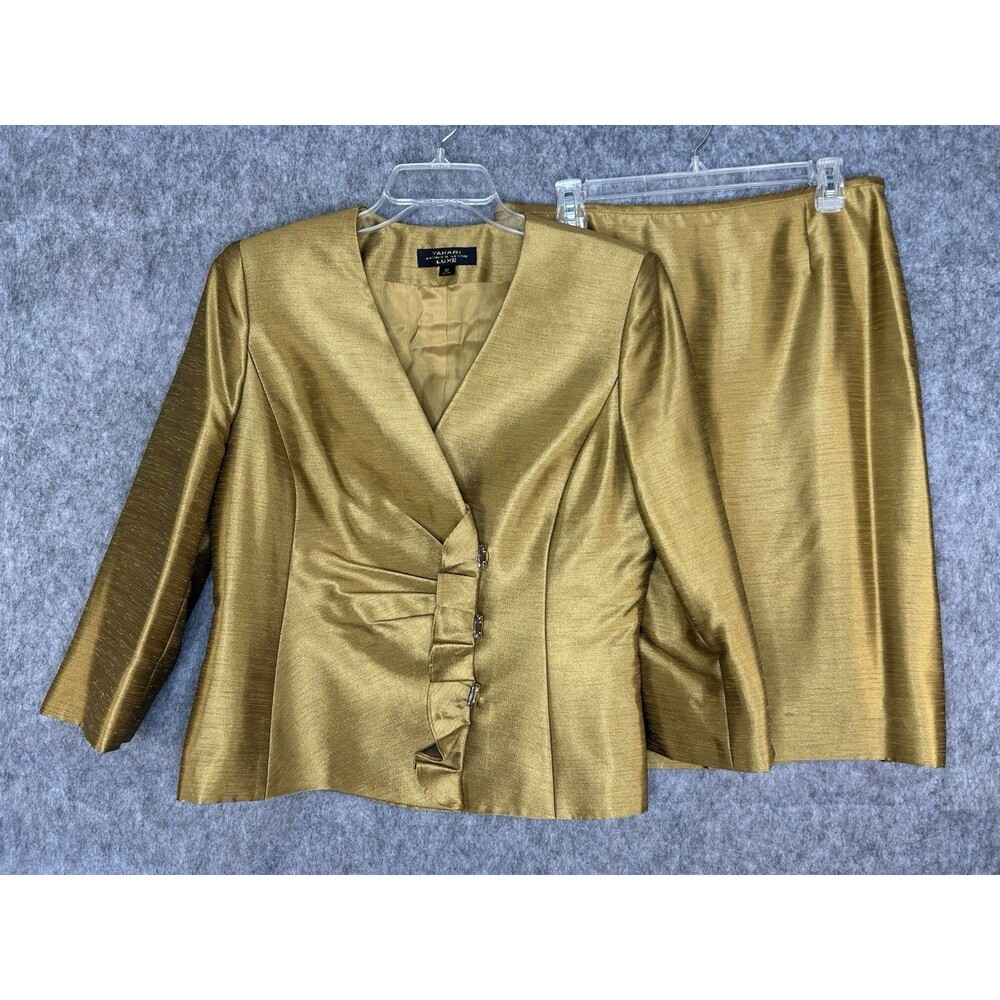 Tahari Arthur S Levine Luxe Gold Metallic Suit Set Ruffle Jacket & Skirt Sz 12